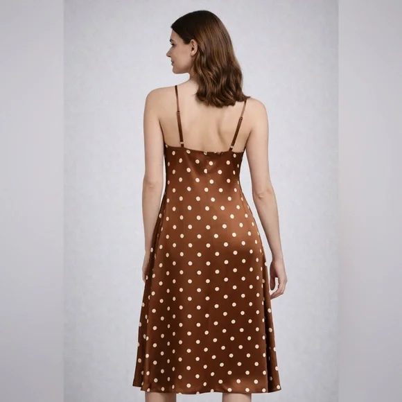 Japna Brown Polka Dot Satin Slip Dress Size M rockabilly - Picture 3 of 6